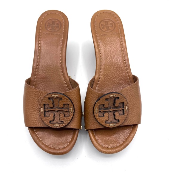 Tory Burch Patti Wedge Slide Sandals Brown Leather Embossed Logo Studded Women 8 - Picture 13 of 16